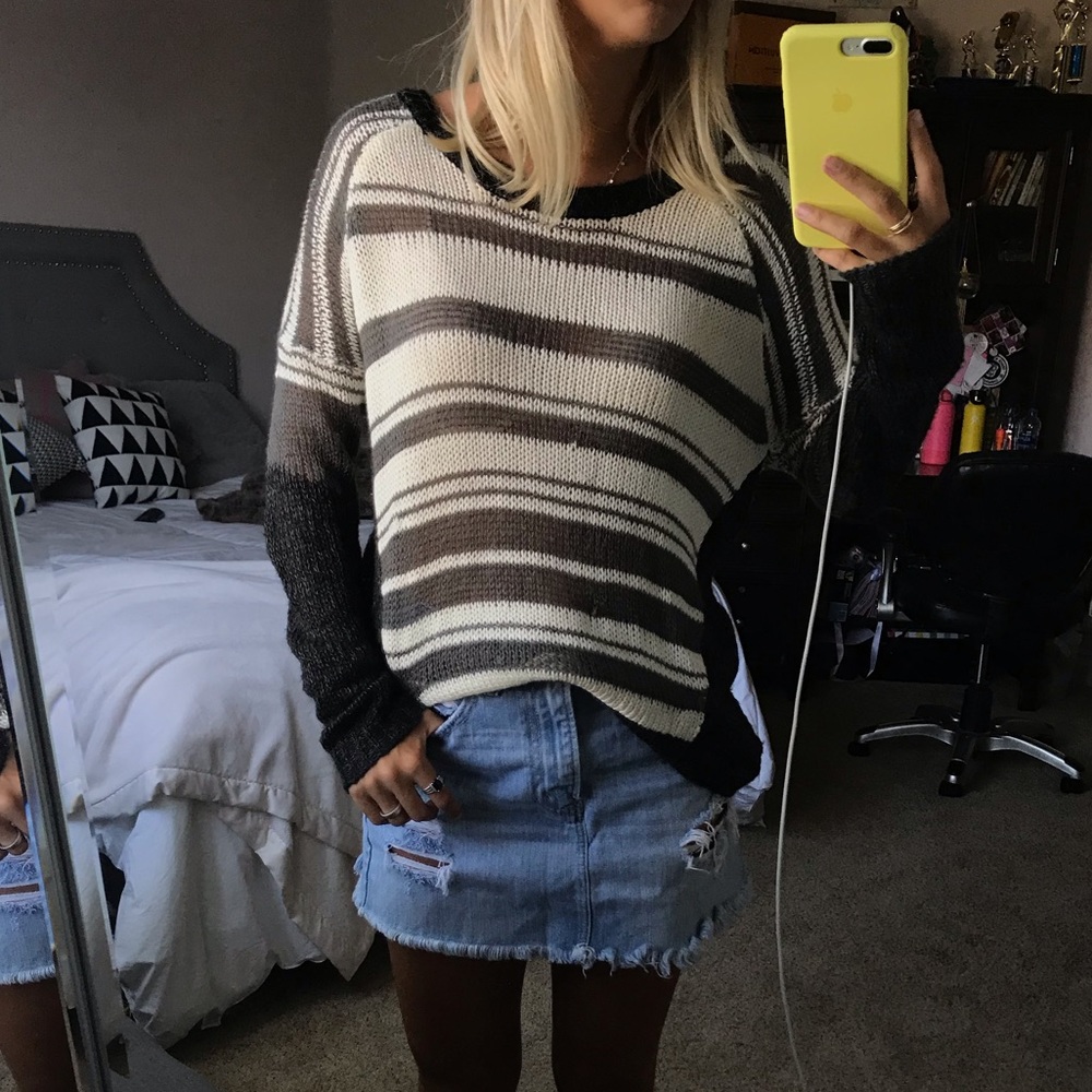 Grey, white, and black striped sweater